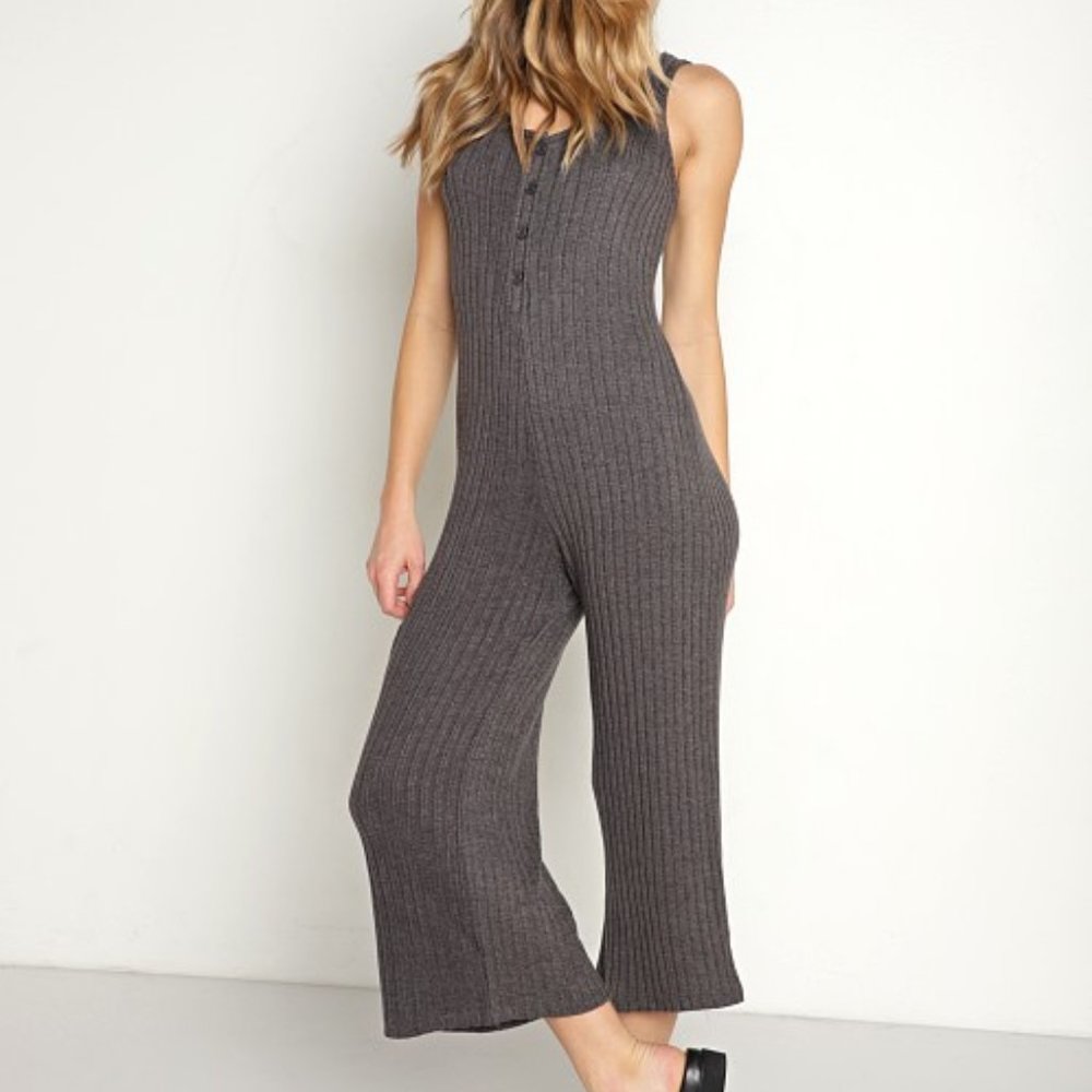 Z Supply Sleeveless Ribbed Jumpsuit in Charcoal Gray